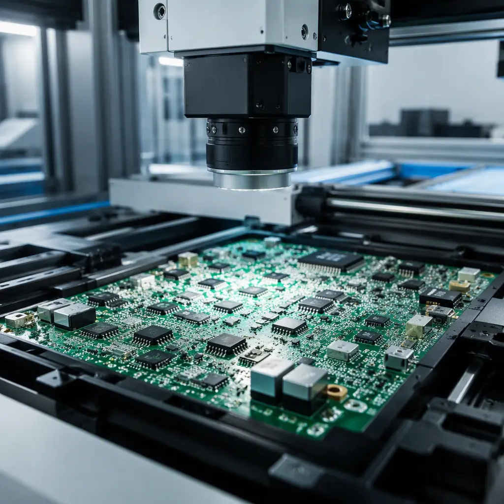 Photorealistic render of an AOI inspection machine scanning a populated PCB assembly in an electronics factory