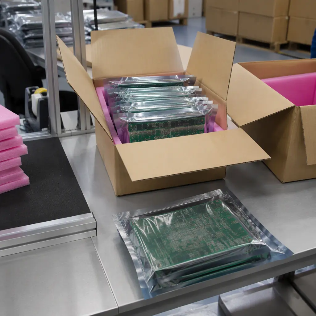 Photorealistic render of ESD-safe packaging with vacuum-sealed moisture barrier bags of PCB panels and anti-static foam ready for shipping