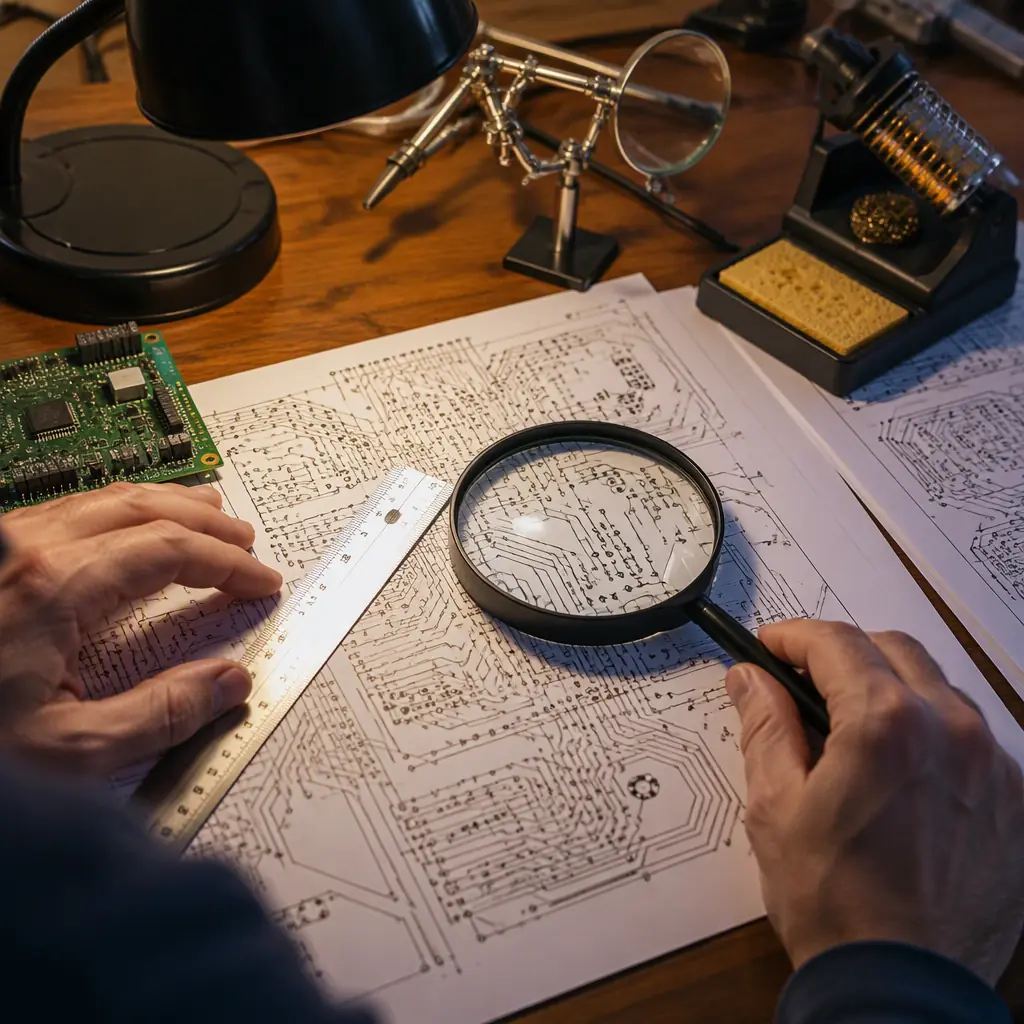 Engineering team reviewing a PCB design file on a monitor during the DFM review stage of an NPI program