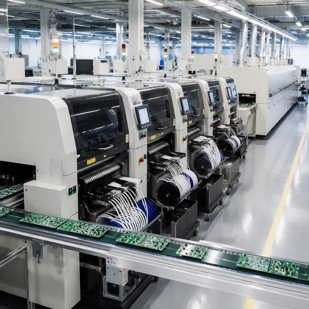 Automated SMT production line running a pilot batch of assembled PCBs with pick-and-place machines