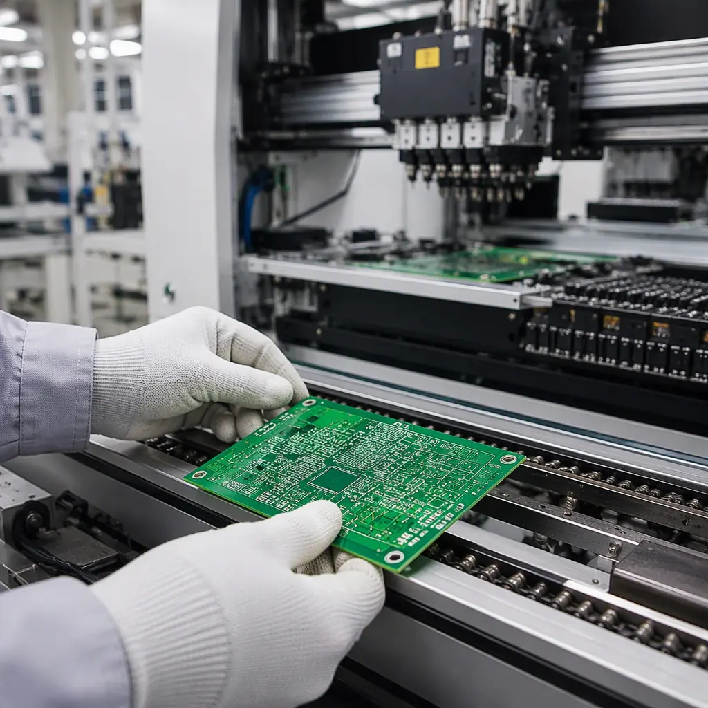 Hands placing a prototype PCB onto an SMT assembly line for the first engineering validation build