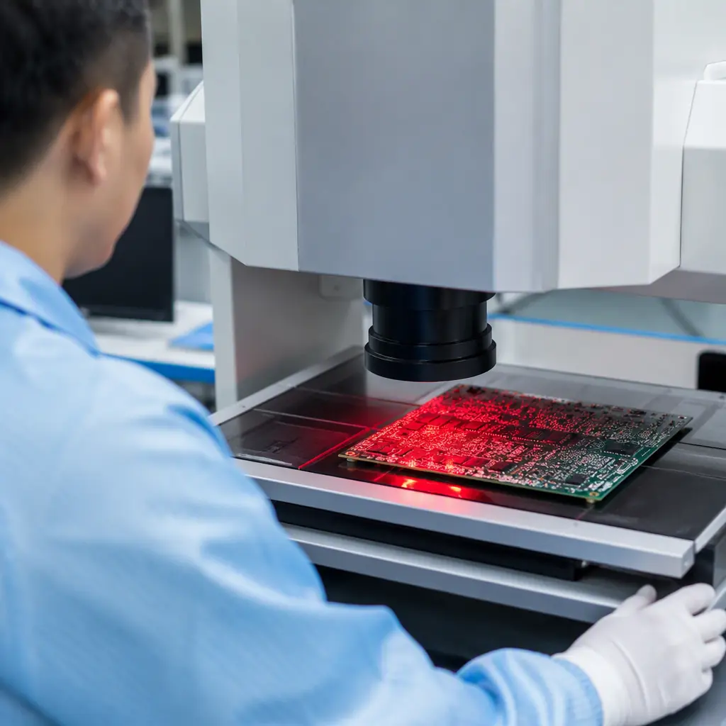 Quality engineer running automated optical inspection on a PCB during production validation testing