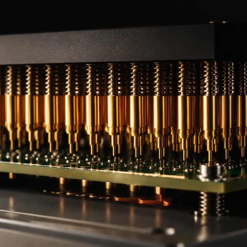 Bed-of-nails ICT test fixture with pogo pins pressing into a PCBA