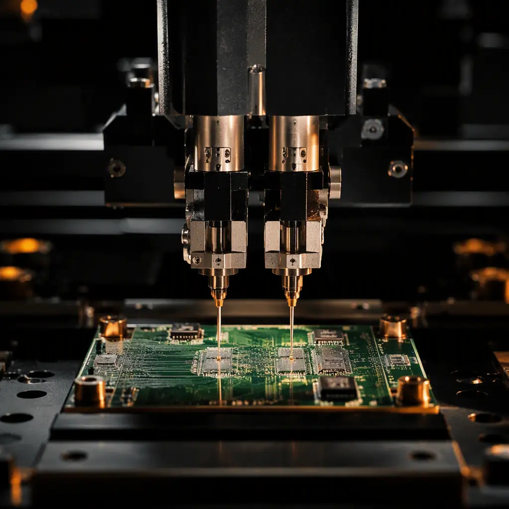 Flying probe tester probing a PCB for electrical verification