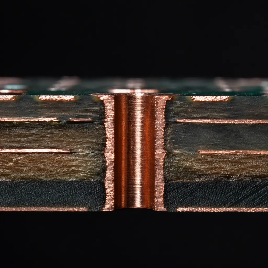 Macro photo of a PCB cross-section showing a plated through-hole via barrel
