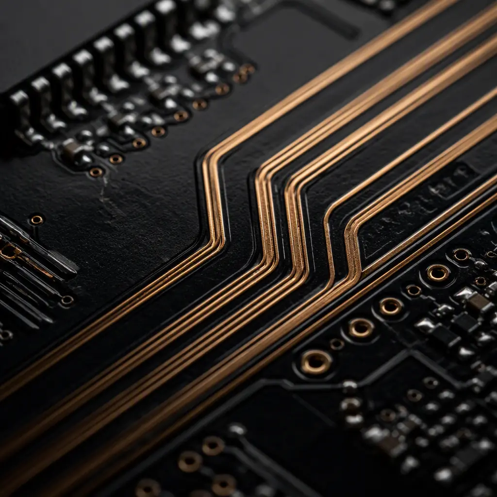 Close-up of differential pair traces routed on a dark high-speed PCB surface