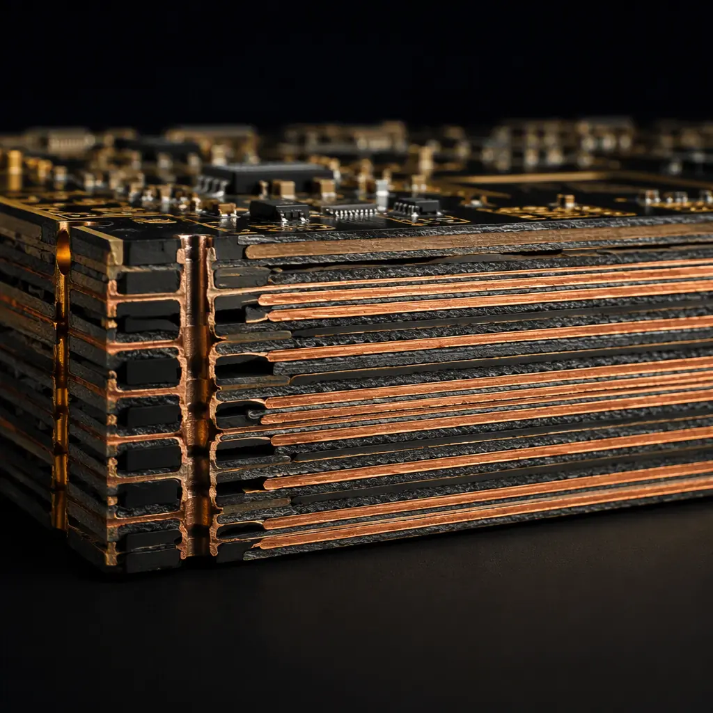 Photorealistic cross-section of a multilayer PCB showing alternating copper and laminate layers