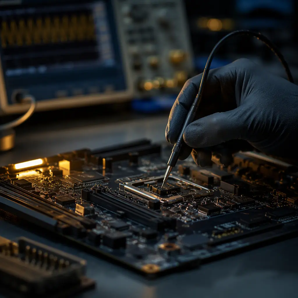 Engineer placing a high-frequency test probe on a server PCB in a lab