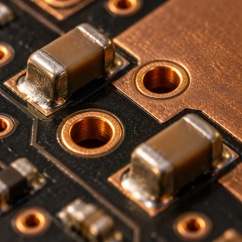 Extreme macro photograph of small surface mount capacitors soldered to a copper plane on a dark circuit board, with the via holes beside their pads catching the light