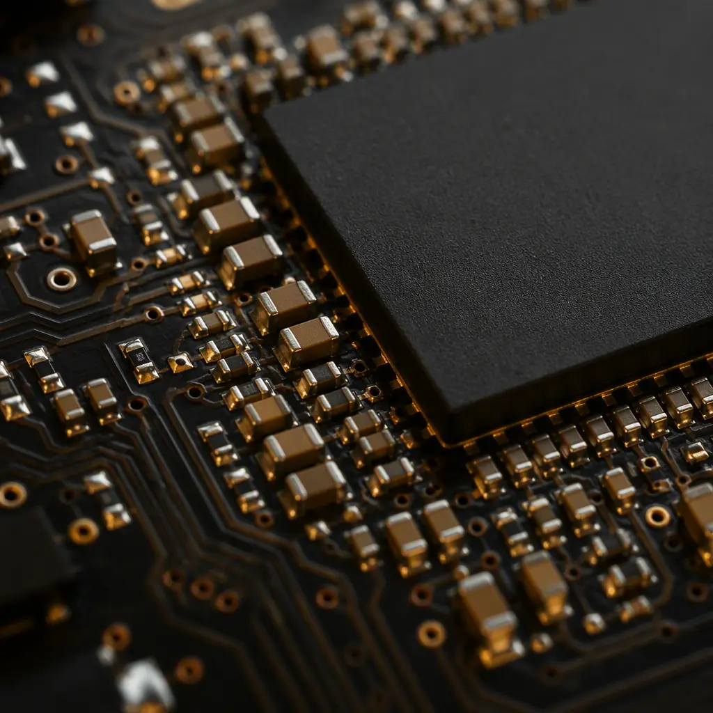 Macro photograph of dense 0402 and 0603 ceramic capacitors placed around a BGA package on PCB