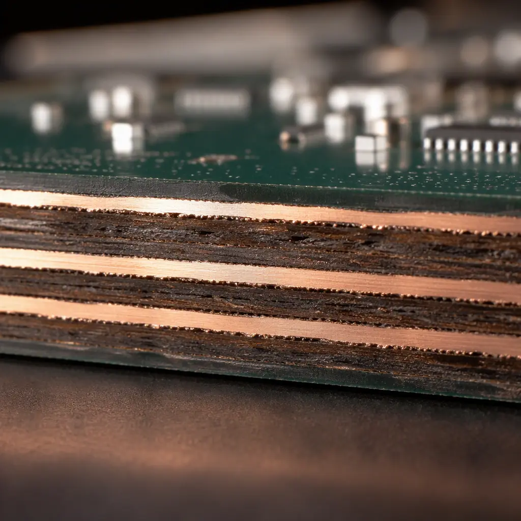 Photorealistic macro photo of PCB power plane layers in cross-section showing copper planes