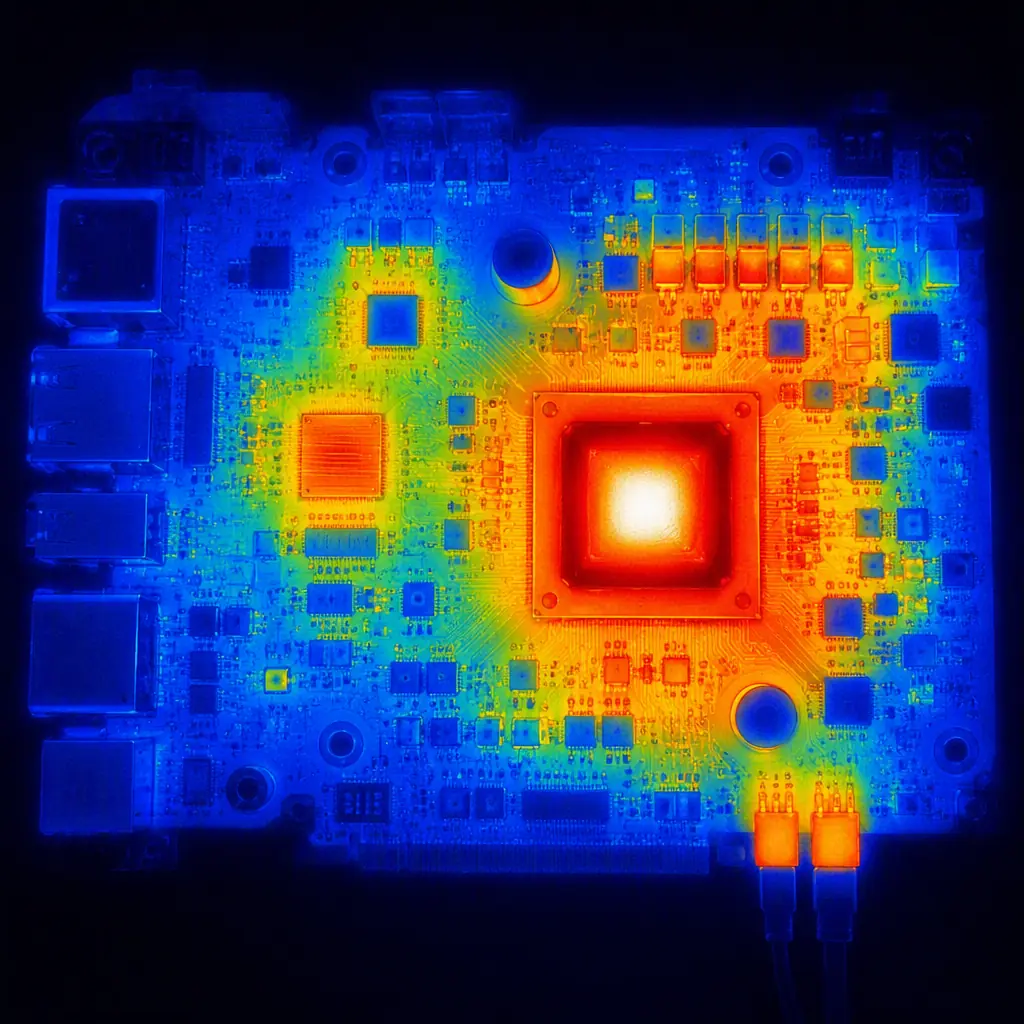 Infrared thermal image of a PCB showing power distribution hotspots with blue to red gradient