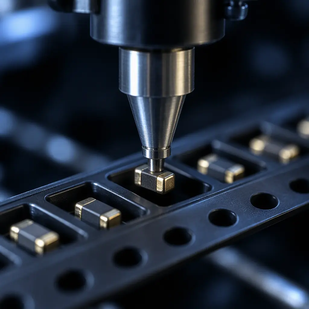 Photorealistic macro view of an SMT pick-and-place head with fine nozzles picking a small component from a tape-and-reel carrier, cool blue lighting on a dark machine interior