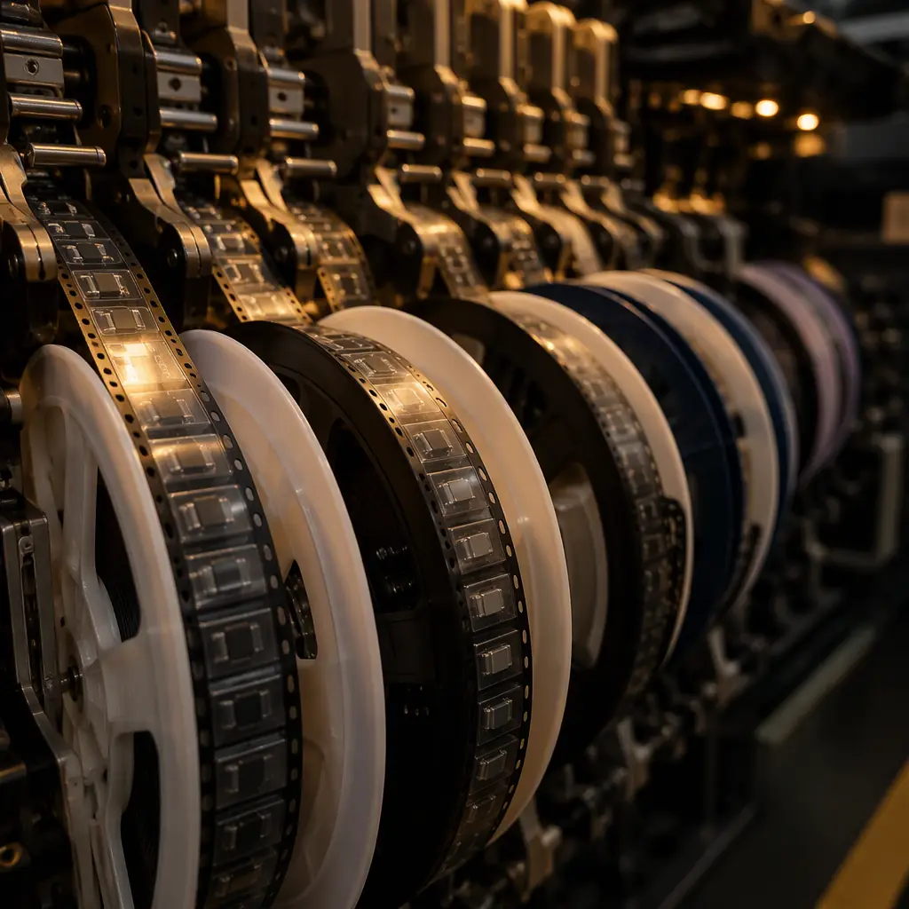 Macro photograph of several SMT feeders loaded with tape-and-reel component reels on a placement machine bank, warm amber machine lighting against a dark background