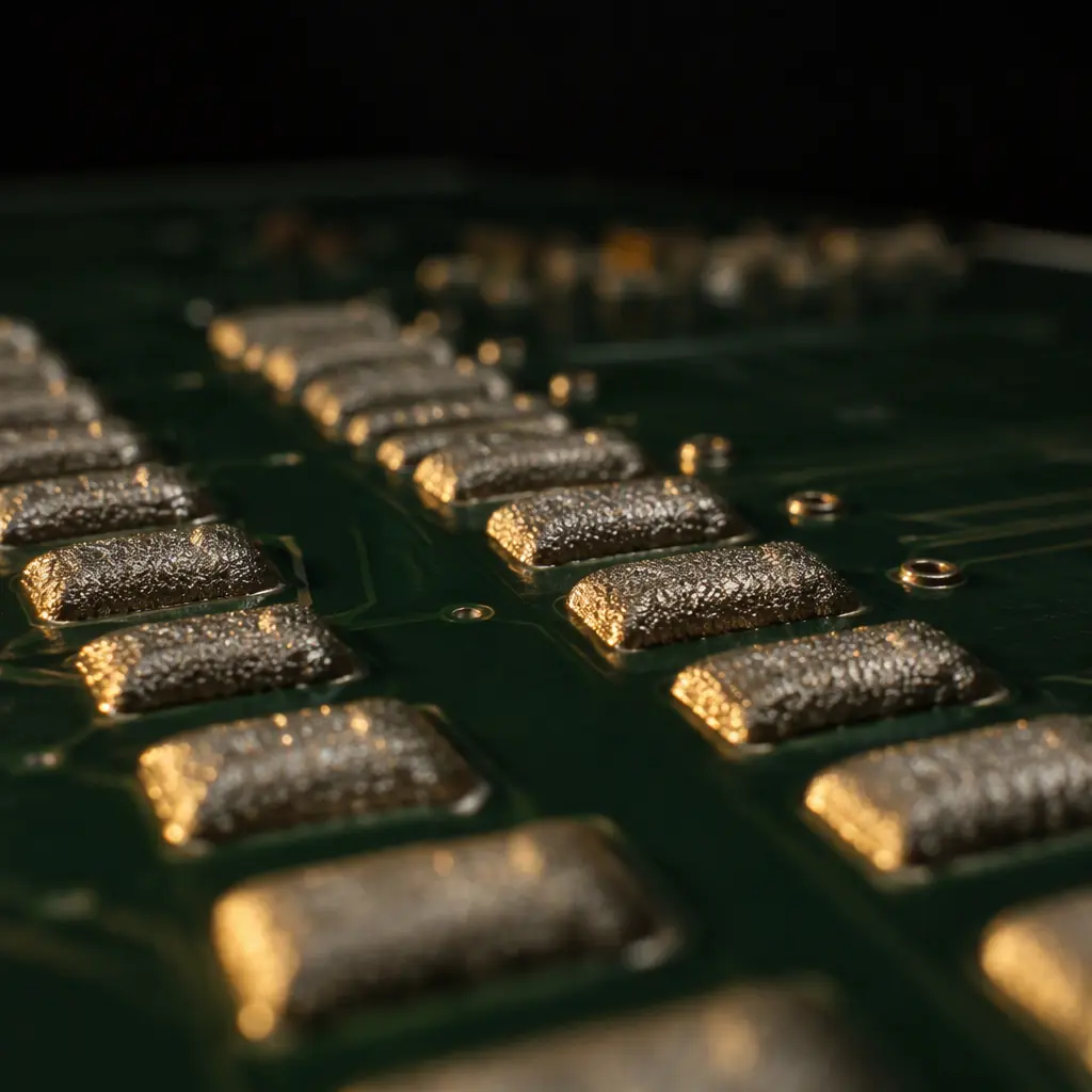 Macro photograph of a row of SMT feeders loaded with embossed tape-and-reel component reels on a placement machine bank, cover tape glinting under warm amber machine light, dark industrial background