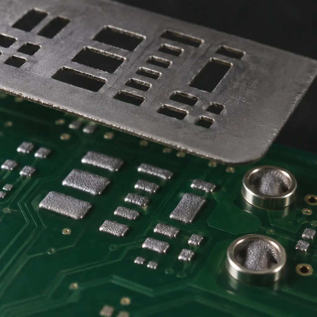 Photorealistic macro photograph of a stencil printing solder paste onto a PCB with through-hole connector barrels visible alongside surface-mount pads, clean factory bench, no people