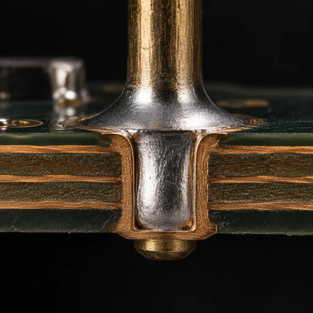 Photorealistic X-ray style inspection image of through-hole connector joints on a multilayer PCB, dark background, high contrast, no text