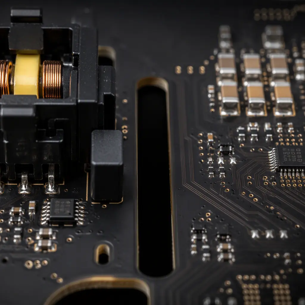 Photorealistic render of a PCB with an isolation transformer and routed slot separating primary and secondary sections