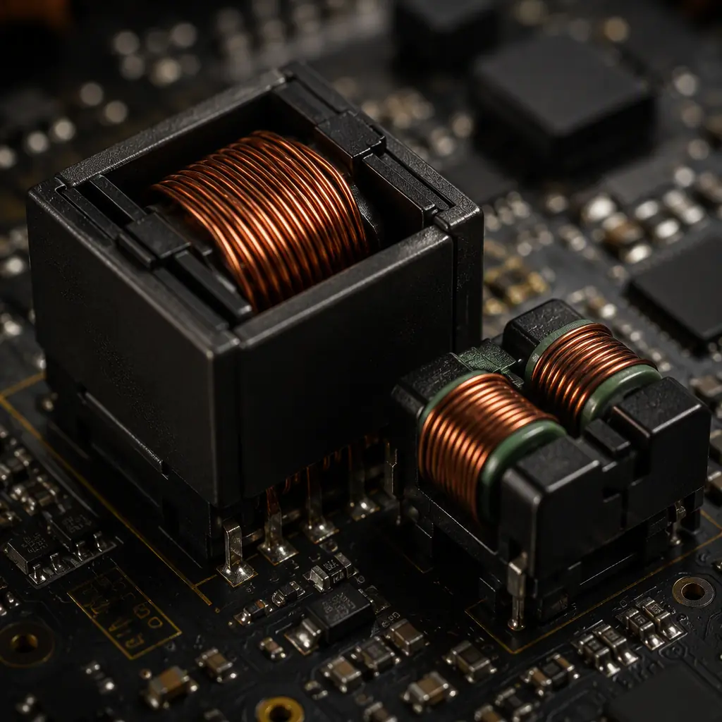 Macro photograph of an Ethernet magnetics module and RJ45 connector on a network PCB