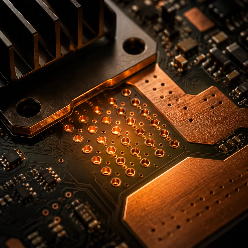 Macro photograph of a DC-DC converter section on a network PCB with MOSFETs, thermal vias and copper pours