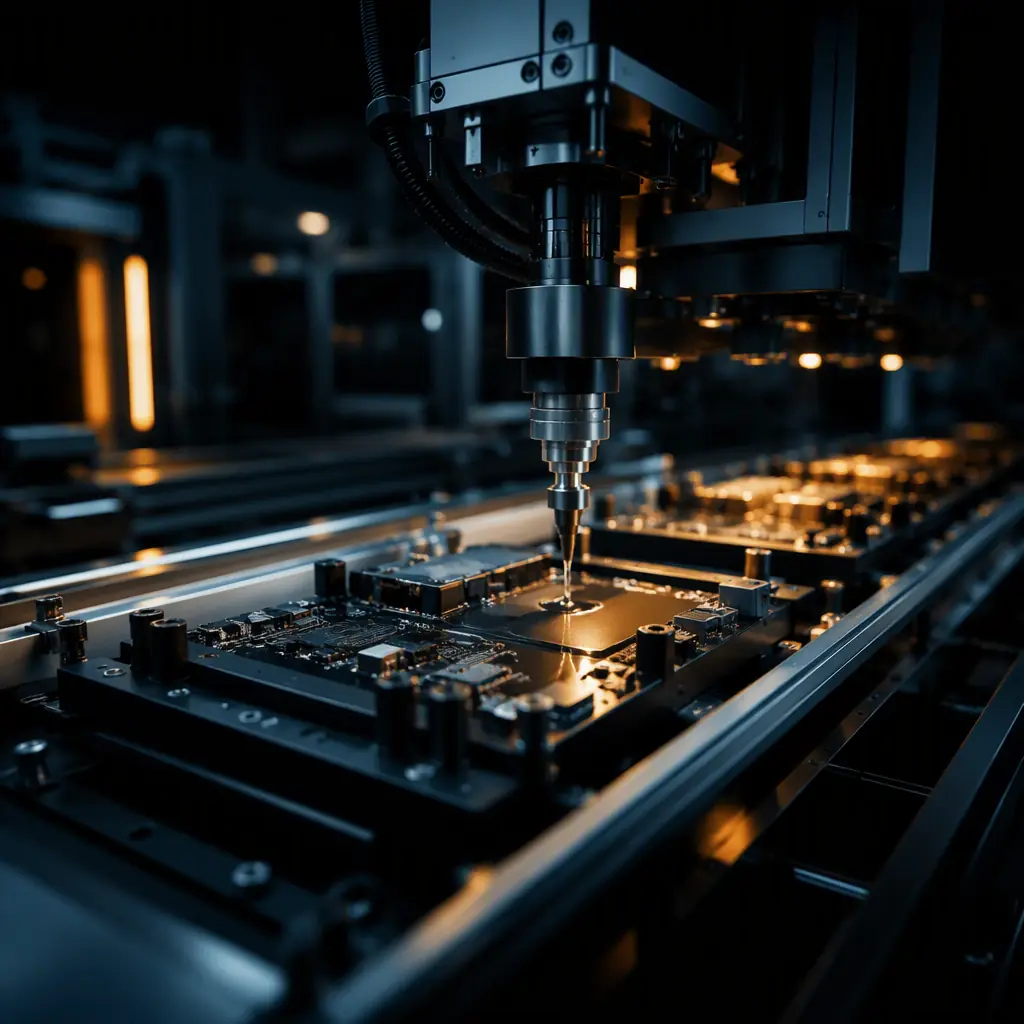 Automated potting machine dispensing transparent protective compound over electronic circuit board assembly in manufacturing line
