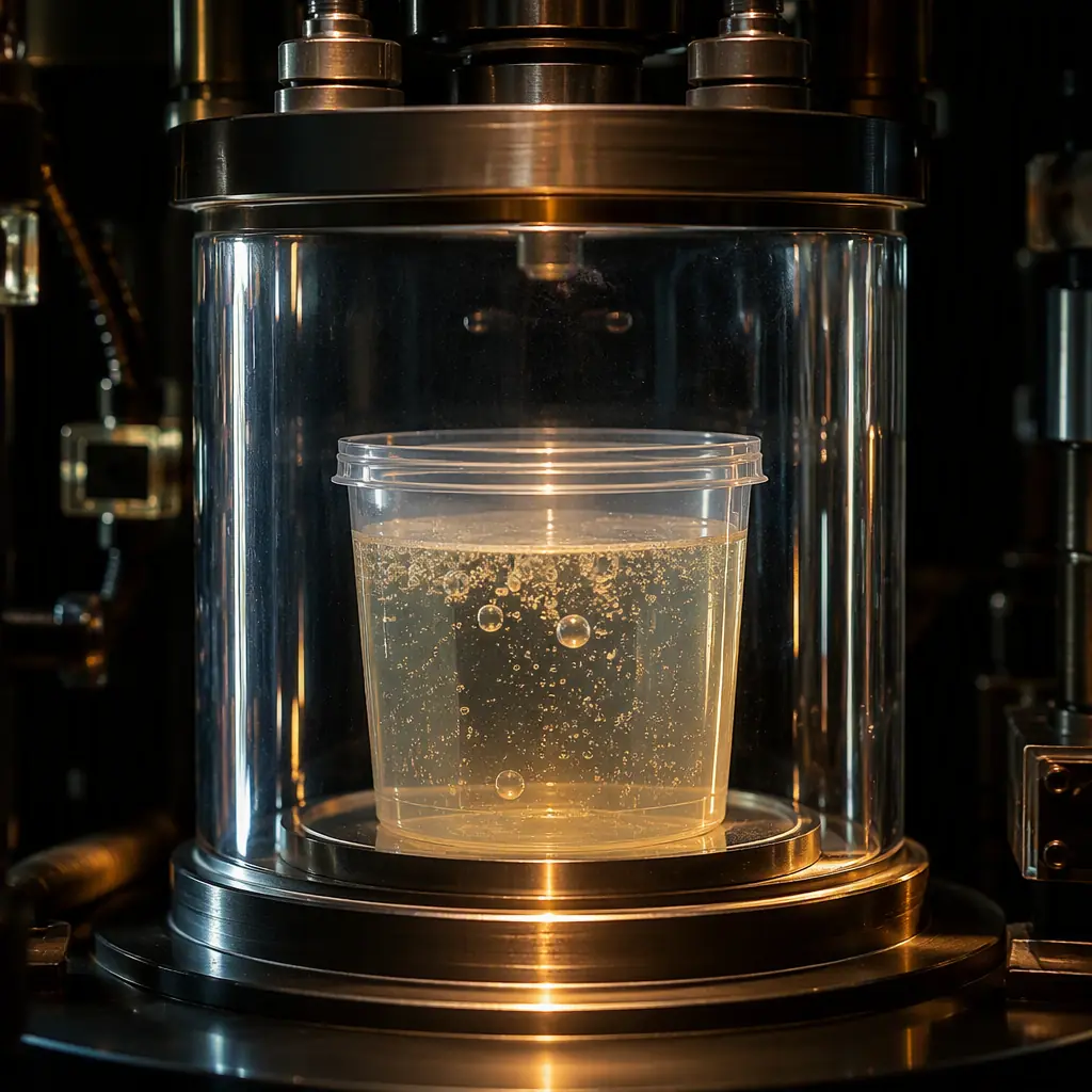 Vacuum chamber degassing potting compound in electronics manufacturing, removing air bubbles before dispensing