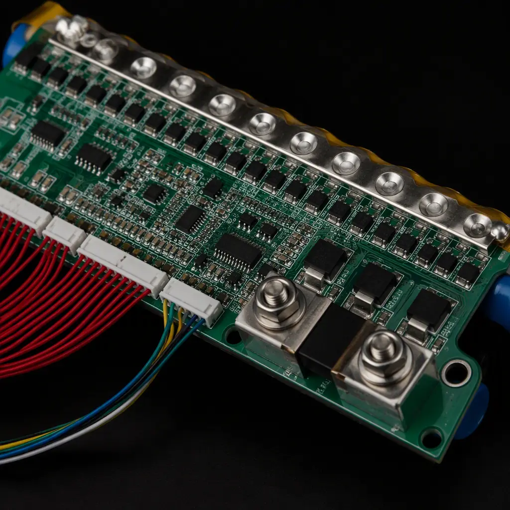 Macro photo of a portable power station BMS PCB with cell-balancing circuits and current sense shunts