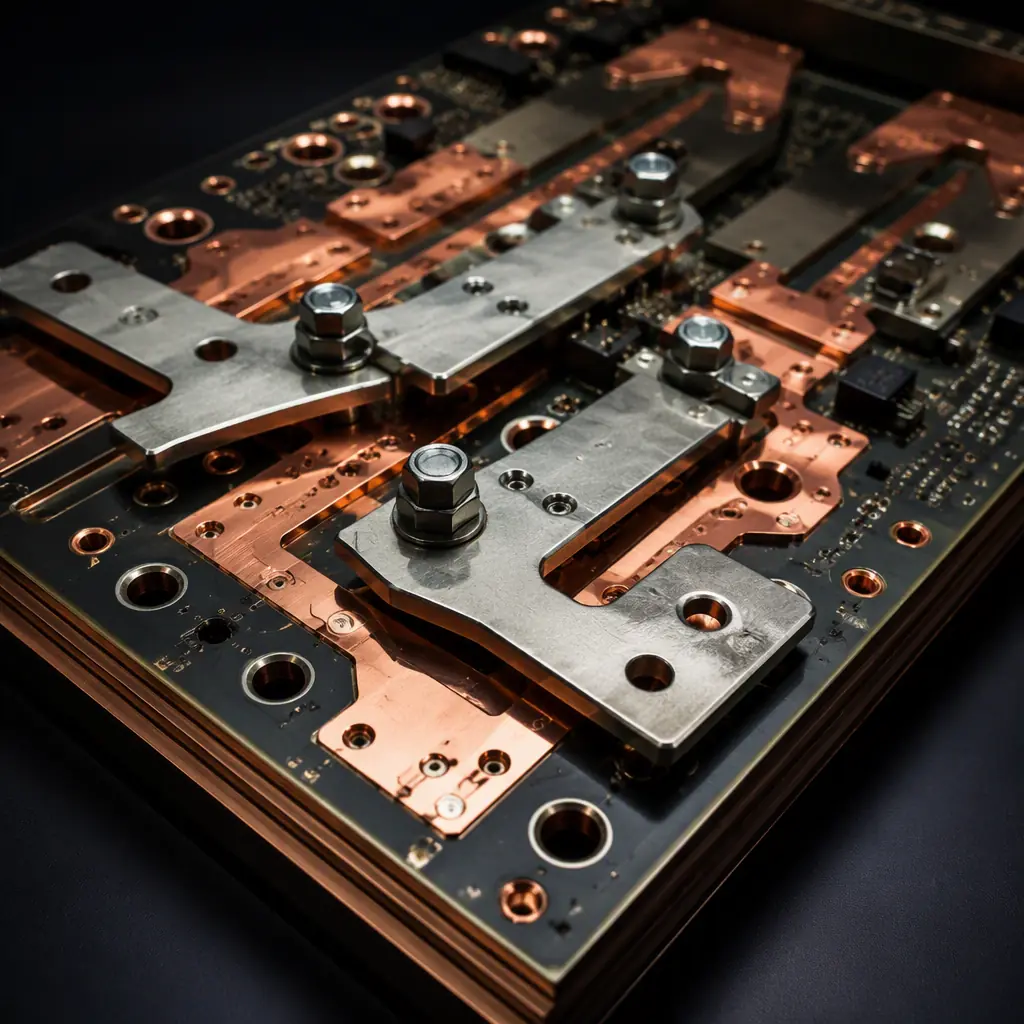 Photorealistic macro shot of a heavy-copper PCB with tin-plated bus bar and thick copper traces