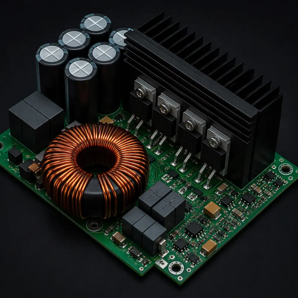 Professional photo of a portable power station inverter stage PCB with toroidal inductor and heat sink