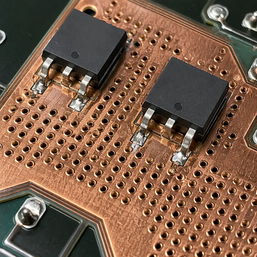 Macro photo of power MOSFETs with thermal via arrays on a high-current PCB copper island
