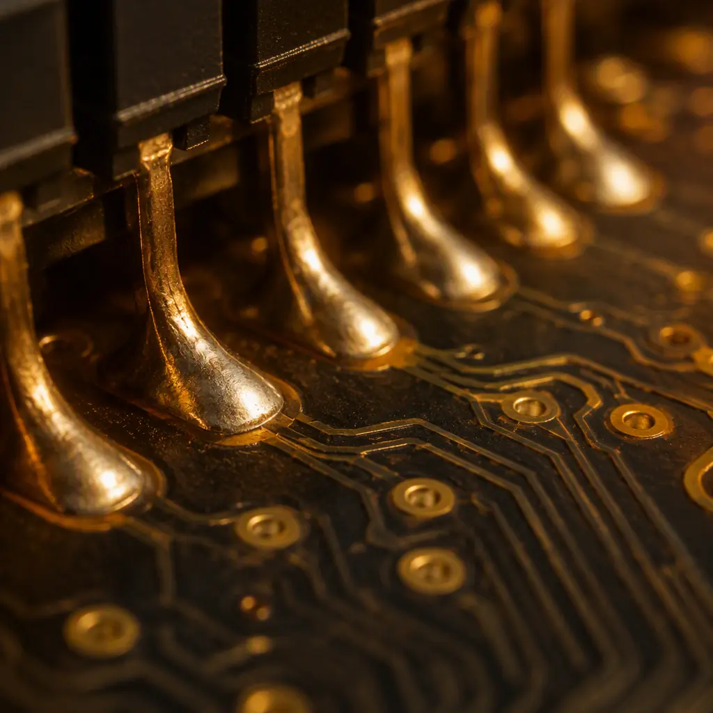 Extreme macro of consistent golden solder joints on a PCB surface with amber accent lighting