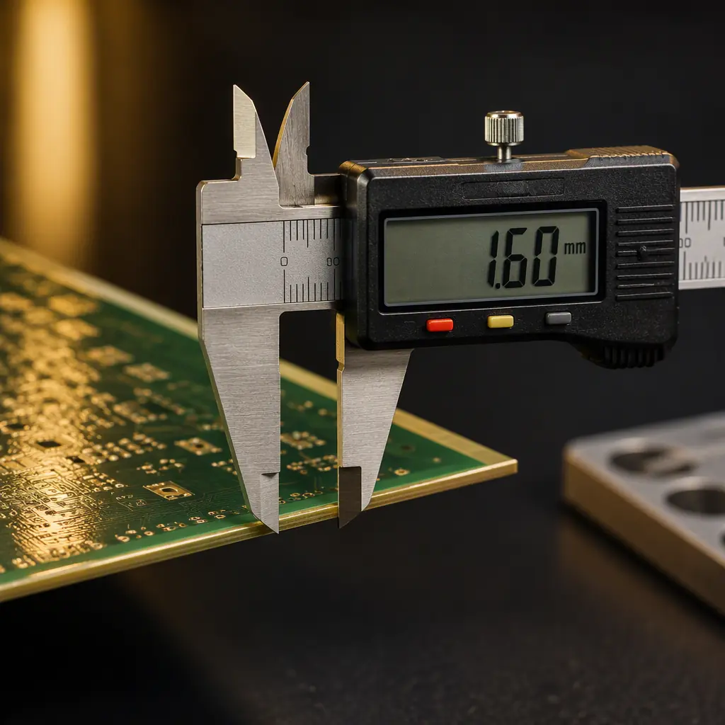Digital caliper measuring PCB thickness on an inspection bench