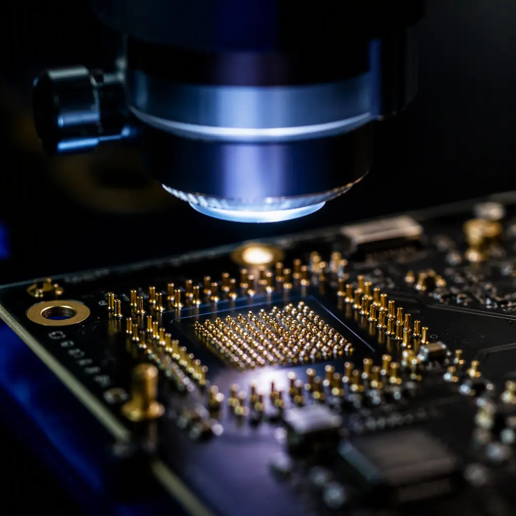 PCB assembly under an optical inspection microscope with golden solder joints in sharp focus