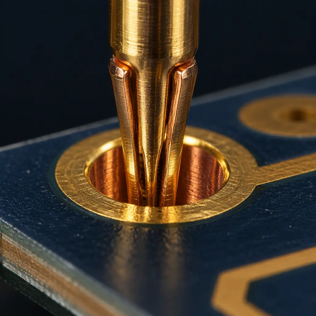 Macro photograph of a compliant press-fit pin seated in a plated through-hole on a backplane PCB
