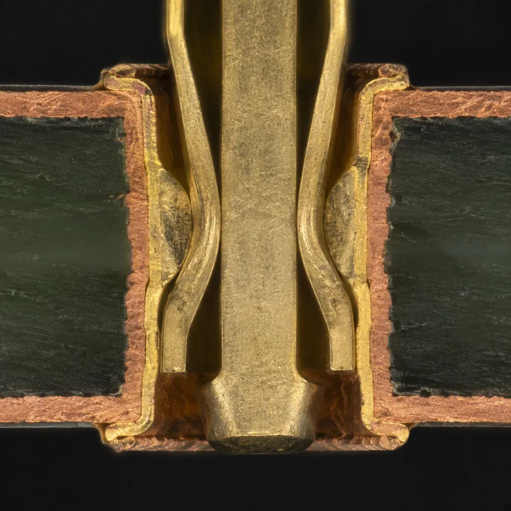Photomicrograph of a cross-sectioned press-fit joint showing compliant pin deformation against the plated barrel wall
