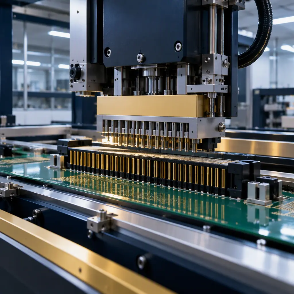 Automated press-fit insertion machine seating a connector array onto a backplane in a clean electronics assembly area