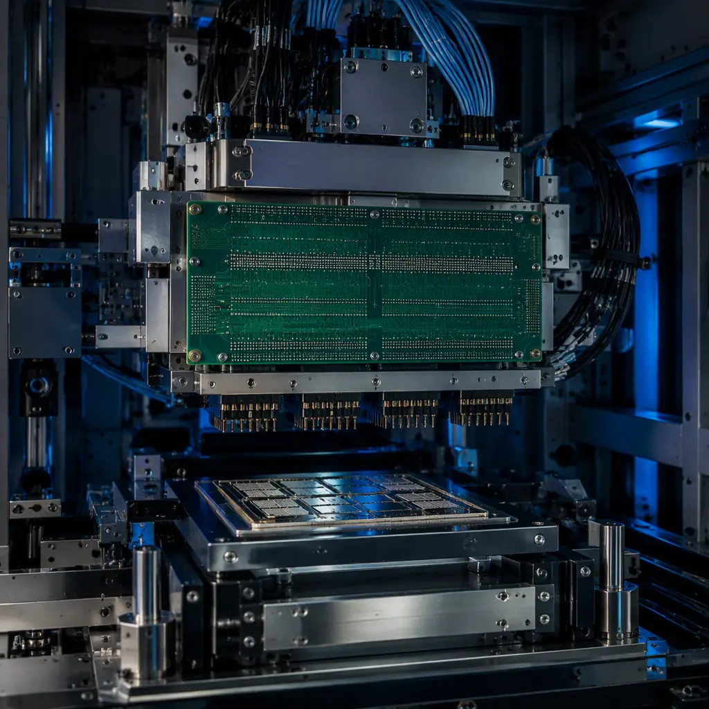Photorealistic view of an ATE test head with interface board installed in a semiconductor test cell