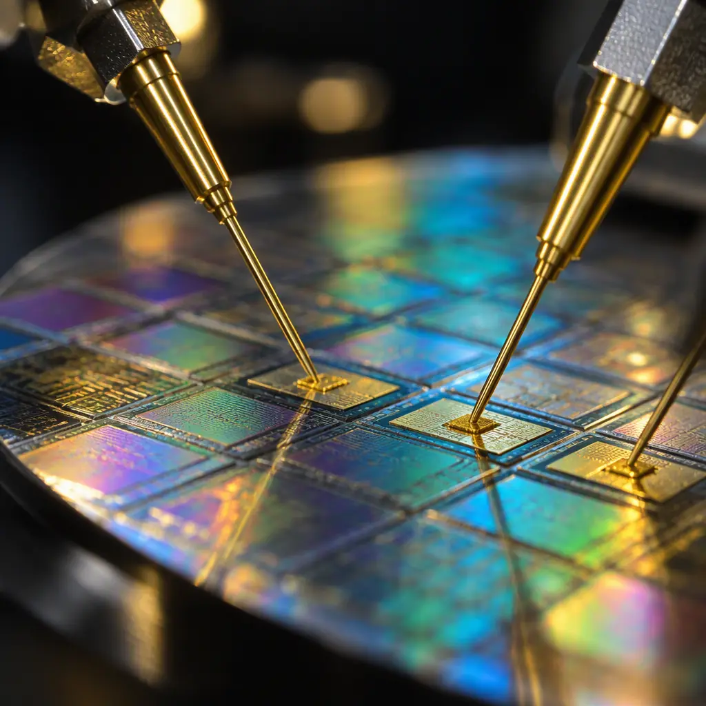 Macro photograph of a probe card assembly with fine needle array facing a wafer surface