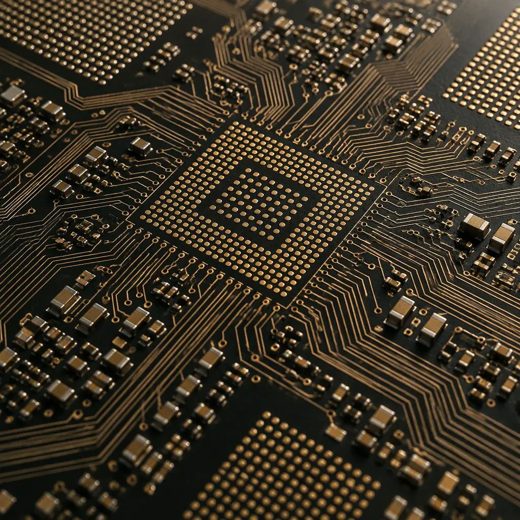 Photorealistic macro view of a dense probe card substrate with fine pitch traces and gold pads