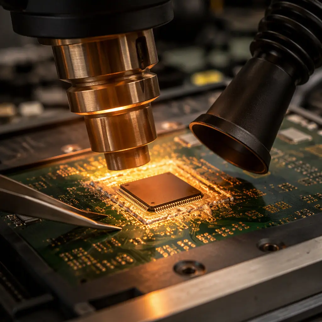 Hot-air rework station heating a QFN leadless package on a PCB with a thermal-profile display and extraction tool