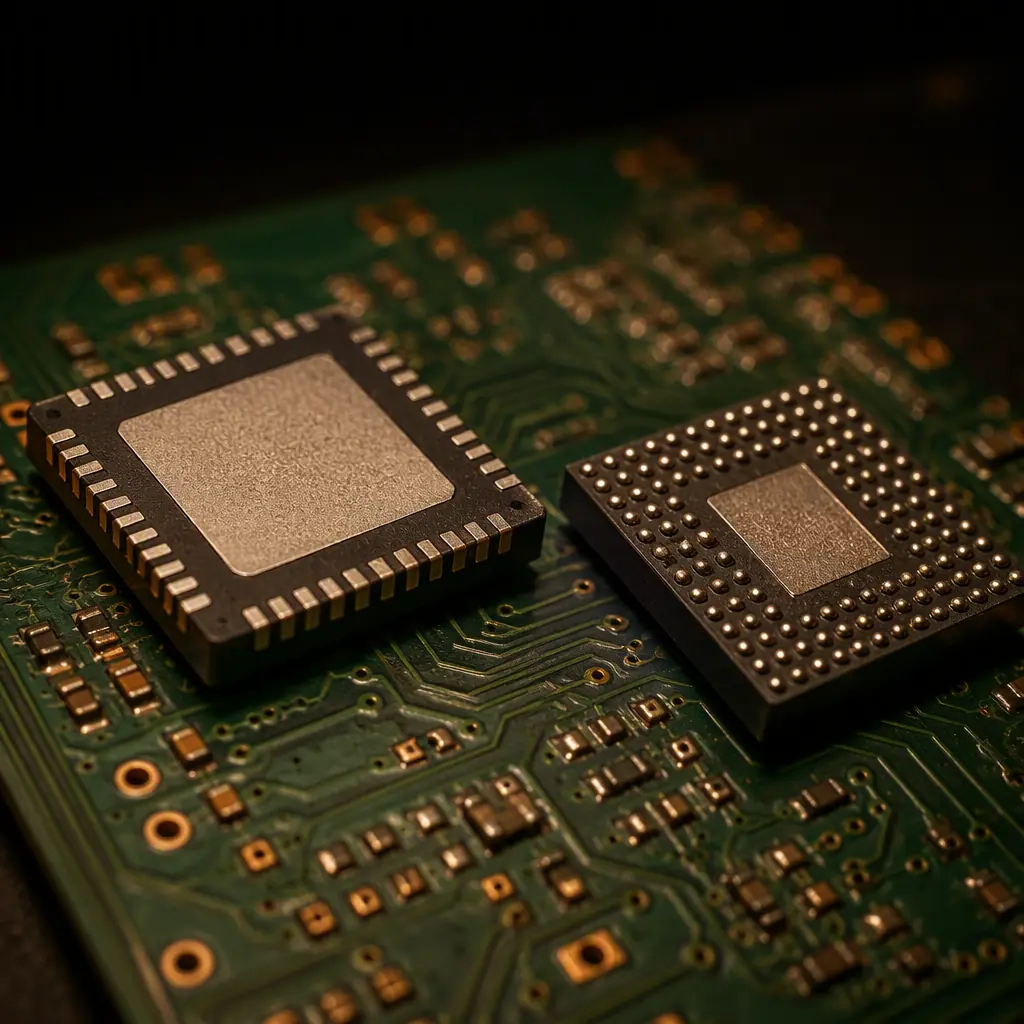 Macro photograph of QFN and LGA leadless packages placed on a PCB before reflow, showing the central exposed thermal pad and fine-pitch terminals