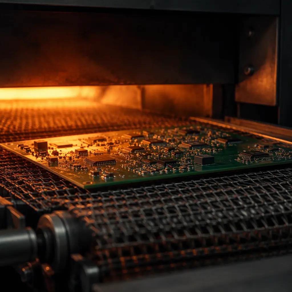 Macro photograph of thin thermocouple wires attached to a PCB with high-temperature adhesive at several test points, ready to travel through the reflow oven, cool blue lighting on a dark surface