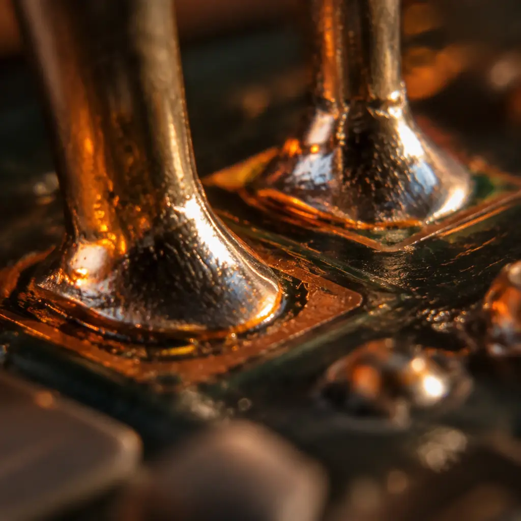 Photorealistic macro of a PCB emerging from a reflow oven on a mesh conveyor belt, the board surface still glowing faintly warm, surrounding zone walls dark, dramatic warm-to-dark contrast