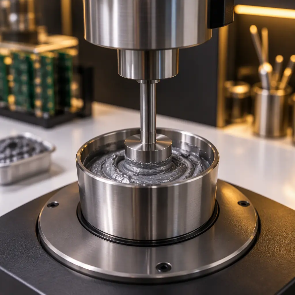 Photorealistic close-up of a solder paste rheometer spindle rotating in a small cup of grey solder paste on a laboratory bench