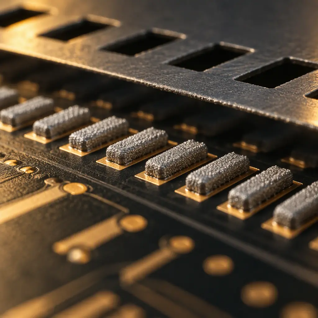 Macro photograph of freshly printed solder paste deposits on fine-pitch printed circuit board pads viewed at low angle, showing well-defined brick shapes