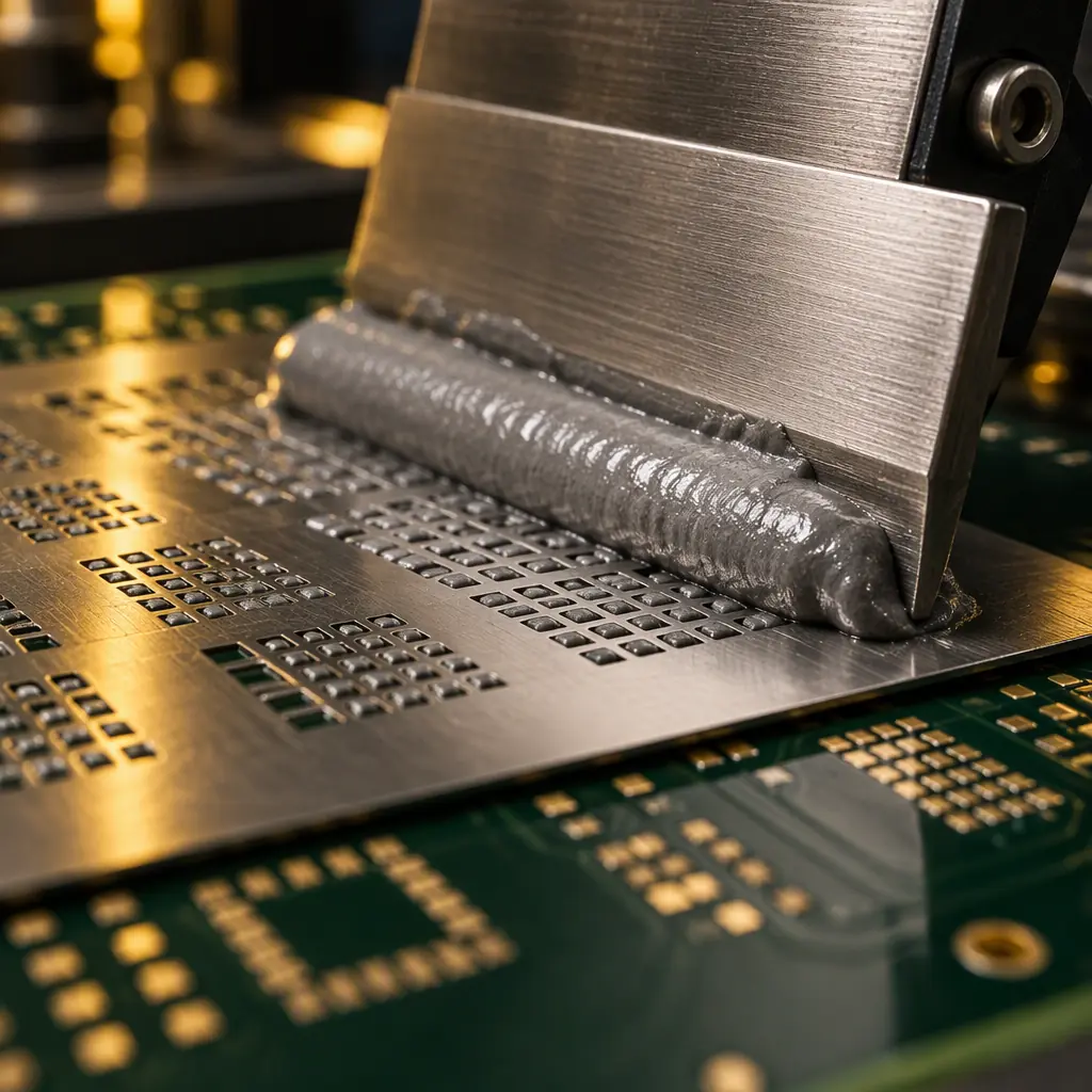 Macro photograph of a stainless steel squeegee blade mid-stroke across a laser cut stencil with grey solder paste rolling ahead of the blade