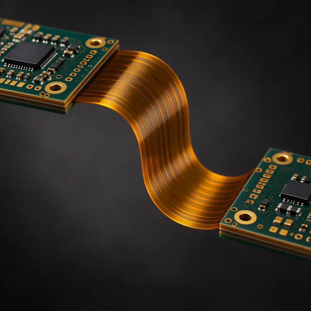 Studio photograph of a rigid-flex PCB held in a gentle S-shape, showing the thick rigid sections with components transitioning into thin flexible areas of bare polyimide film, dark board on a neutral background
