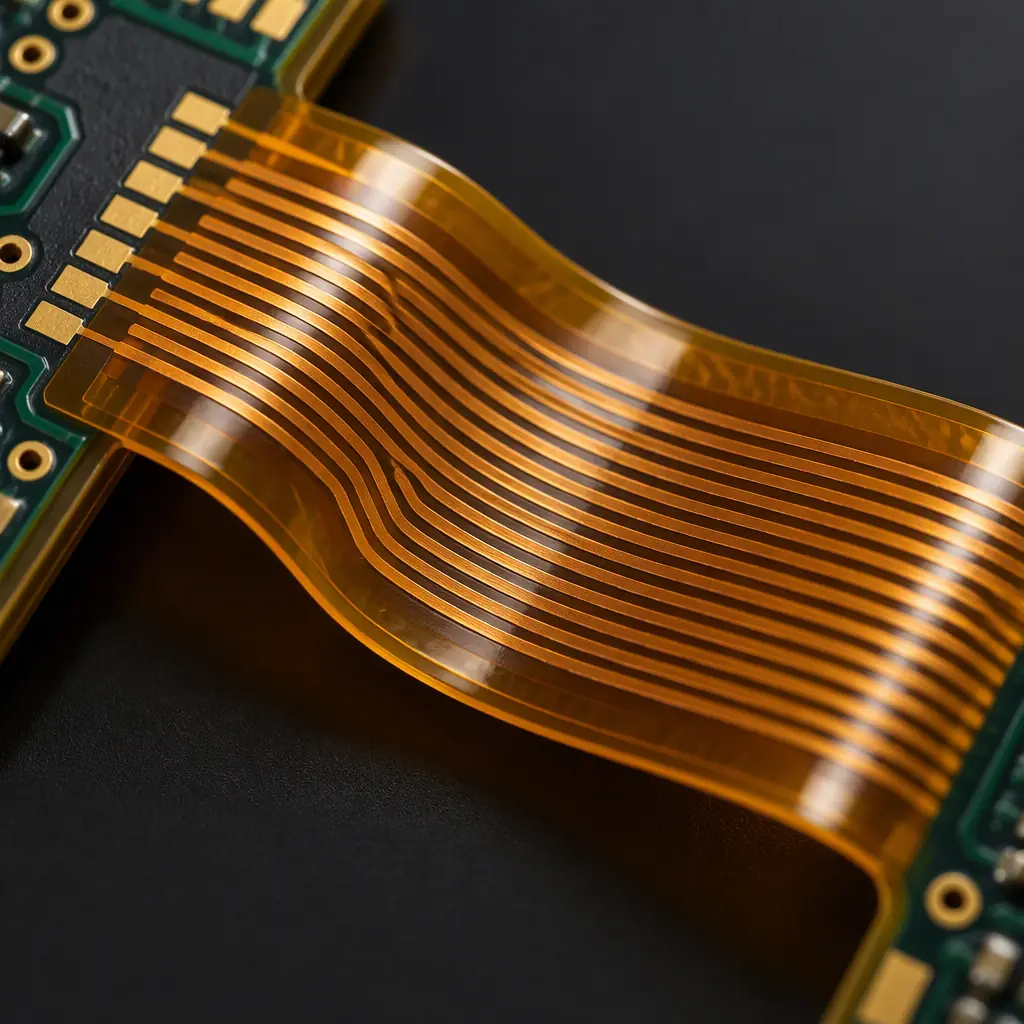 Macro studio photograph of the flexible section of a rigid-flex PCB showing fine parallel copper traces on amber polyimide film with a translucent protective coverlay, traced perpendicular across the bend area