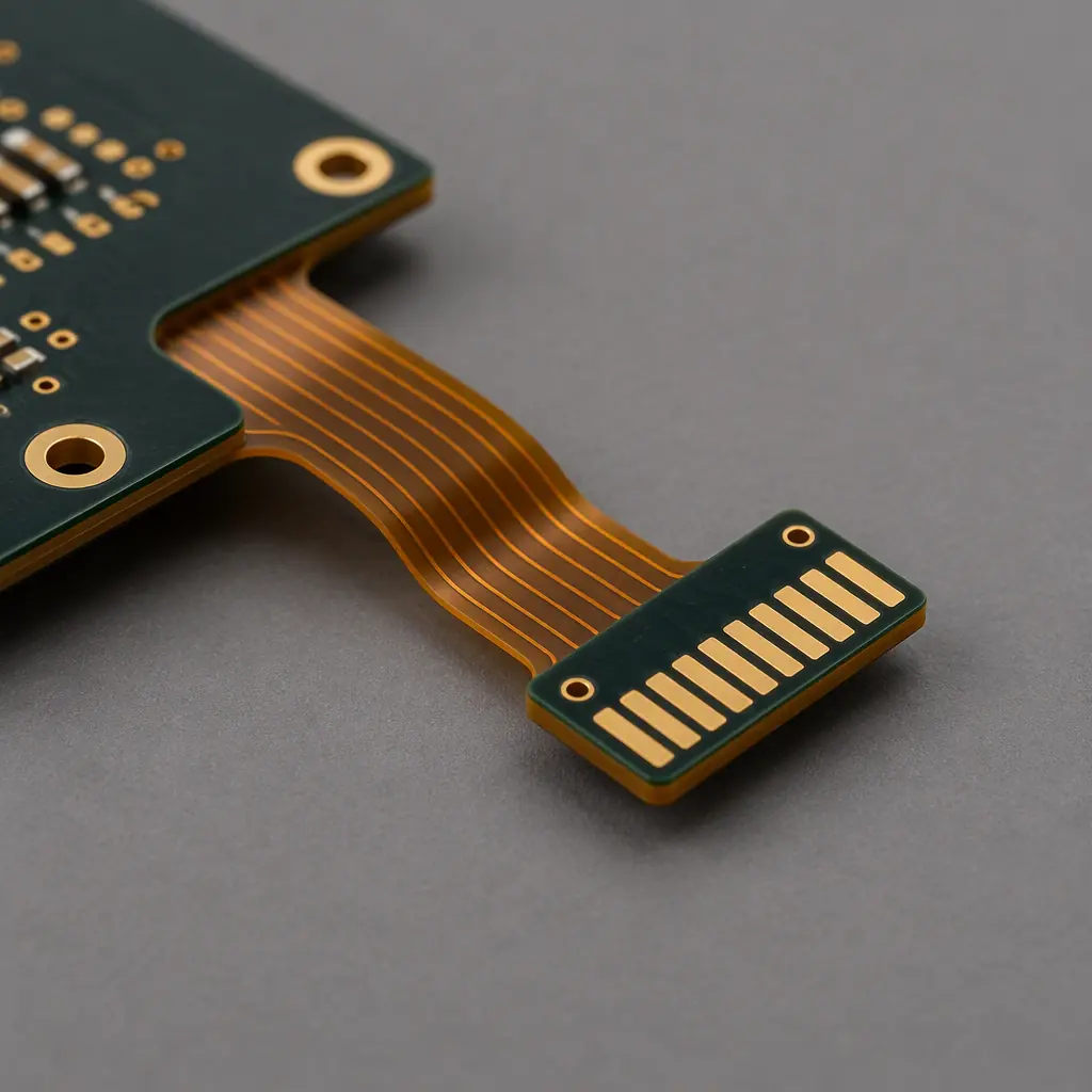 Studio photograph of a rigid-flex PCB next to a stiffener-backed connector mounting area, showing a rectangular FR-4 stiffener bonded to a flexible tail with a row of connector pads, dark board on a neutral grey background