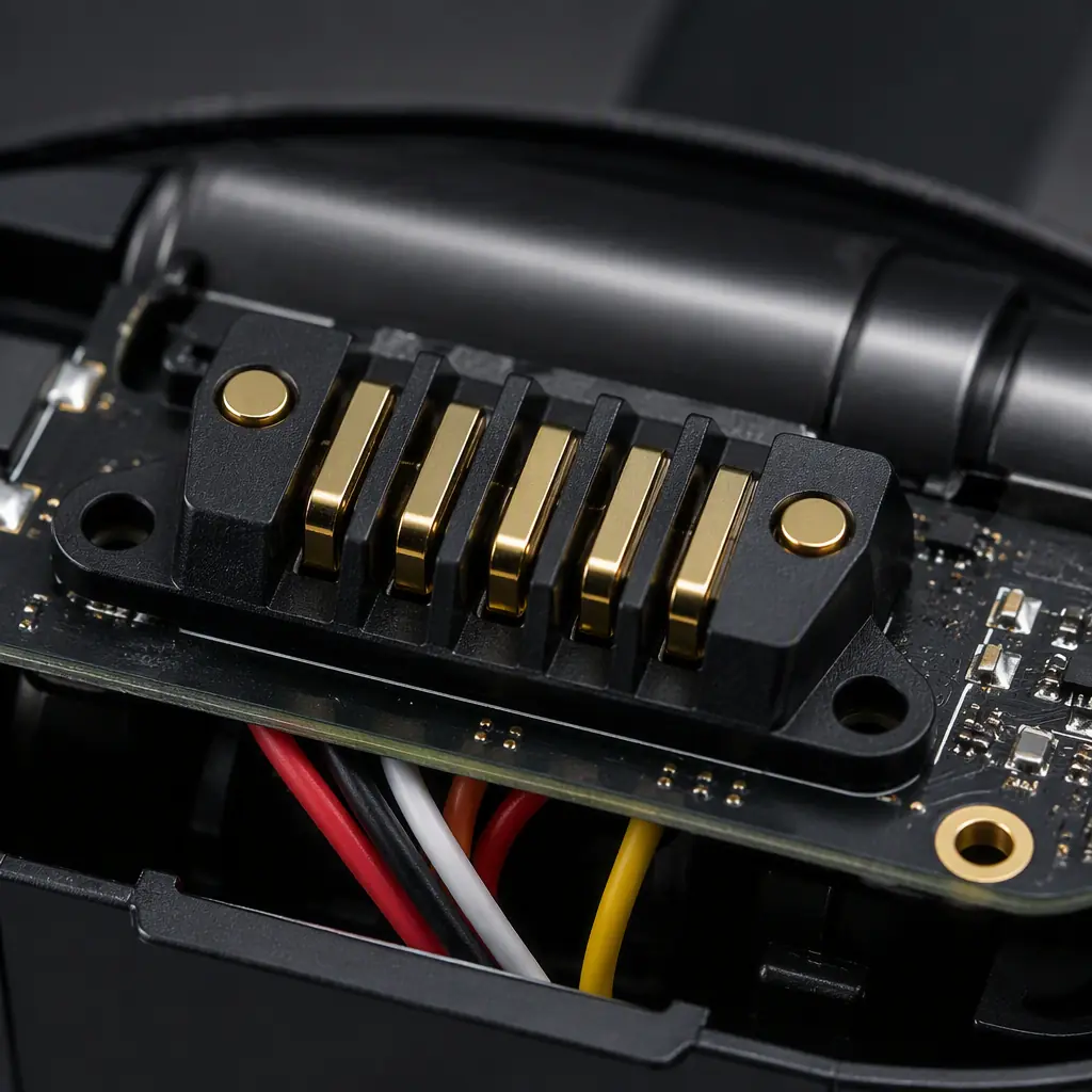 Macro photo of a robot vacuum battery connector with gold-plated charging contacts on the mainboard